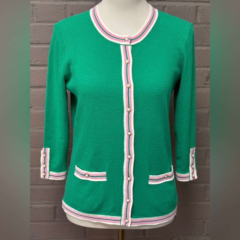 Talbots Green Cardigan with Pink and White Trim XS